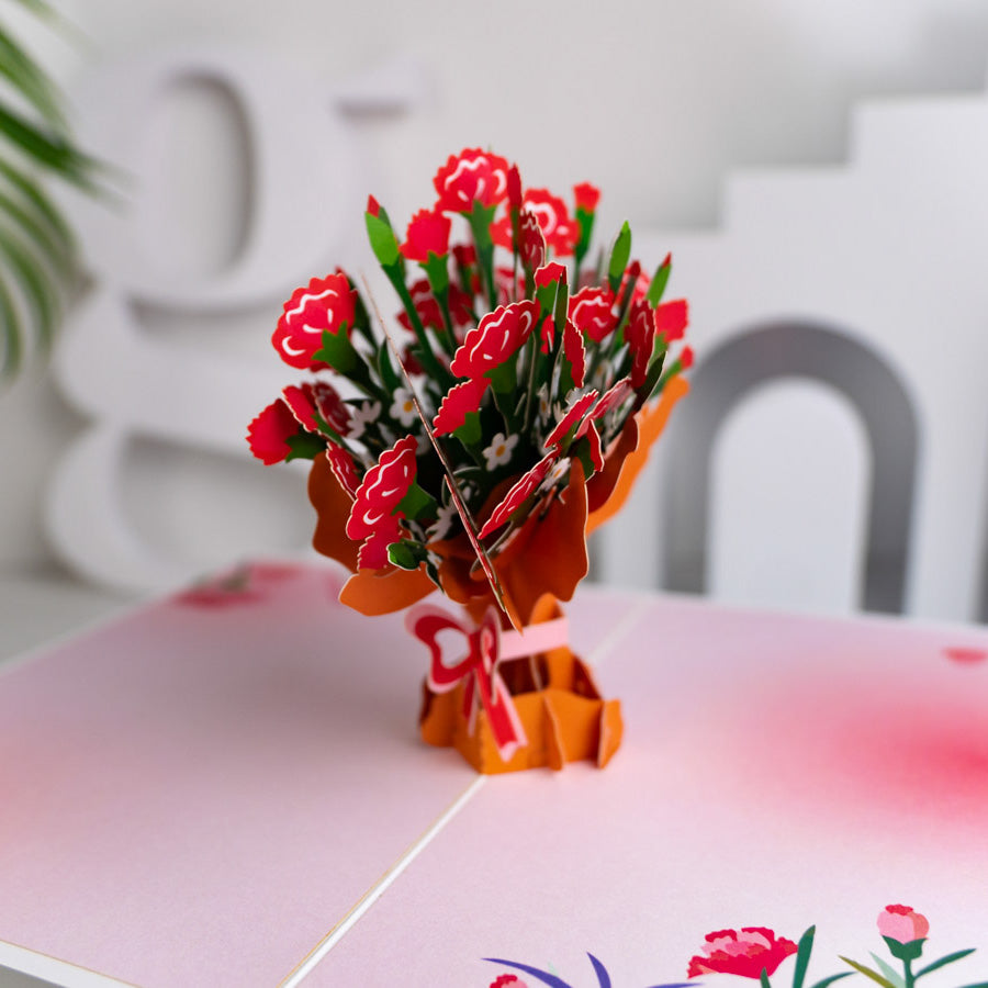 Carnation Flower Bunch with Ribbon Pop-Up Card