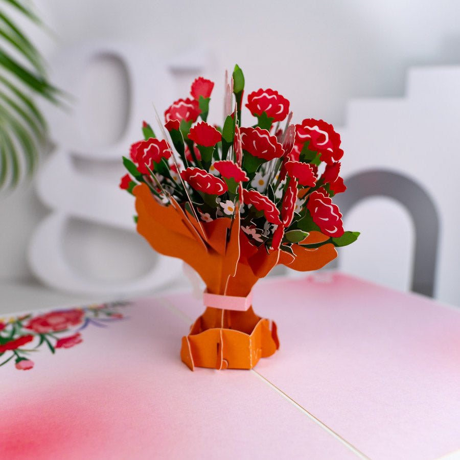 Carnation Flower Bunch with Ribbon Pop-Up Card