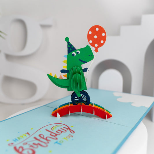 Crocodile with Balloon Riding Unicycle Birthday Pop-up Card