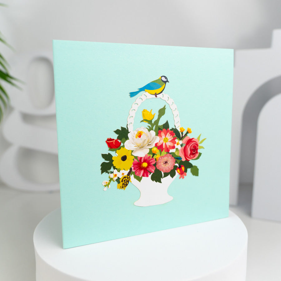 Basket of Flowers and Bird Pop-up Card