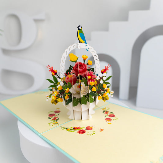 Basket of Flowers and Bird Pop-up Card
