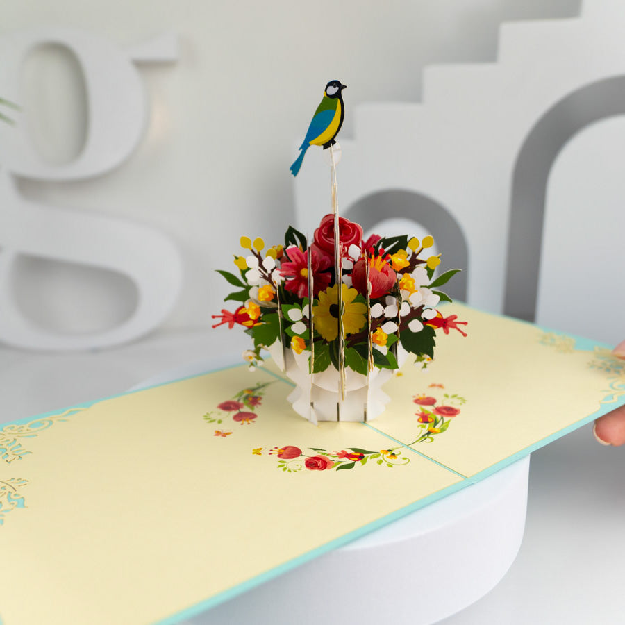 Basket of Flowers and Bird Pop-up Card