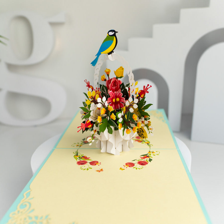 Basket of Flowers and Bird Pop-up Card