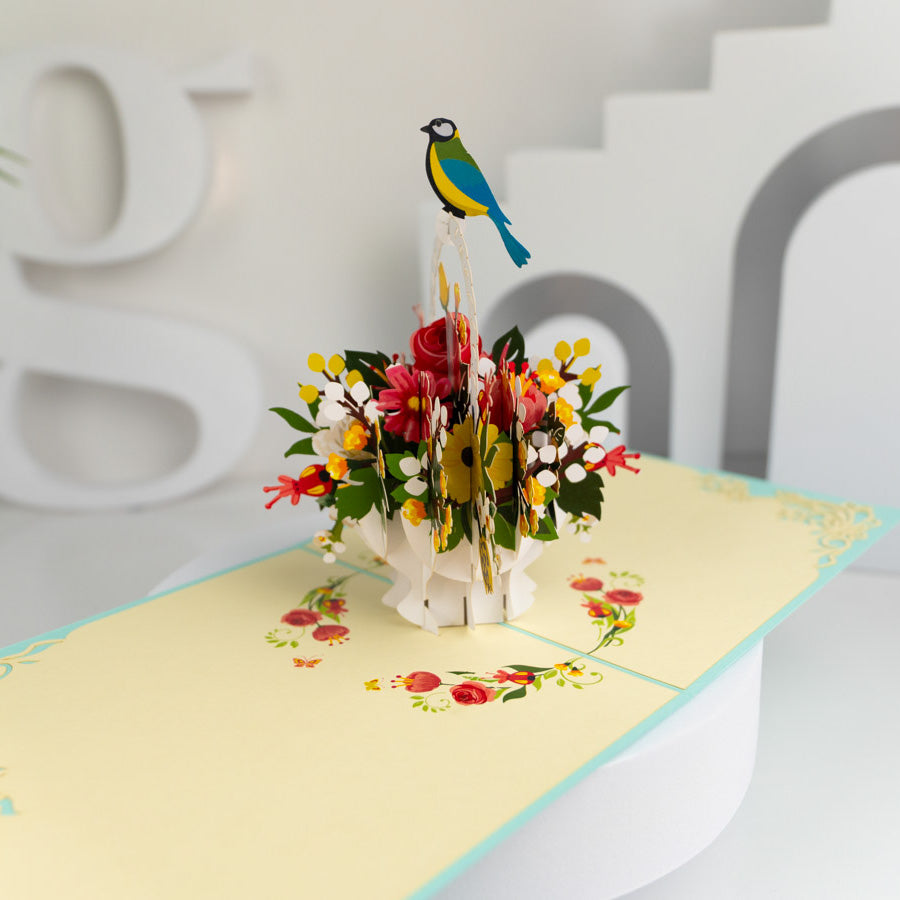 Basket of Flowers and Bird Pop-up Card