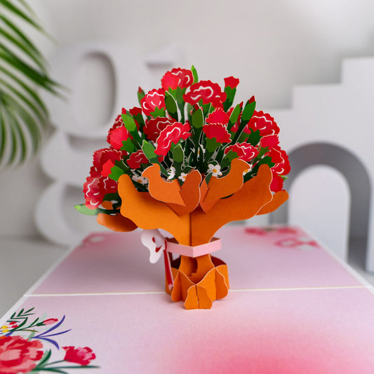 Carnation Flower Bunch with Ribbon Pop-Up Card